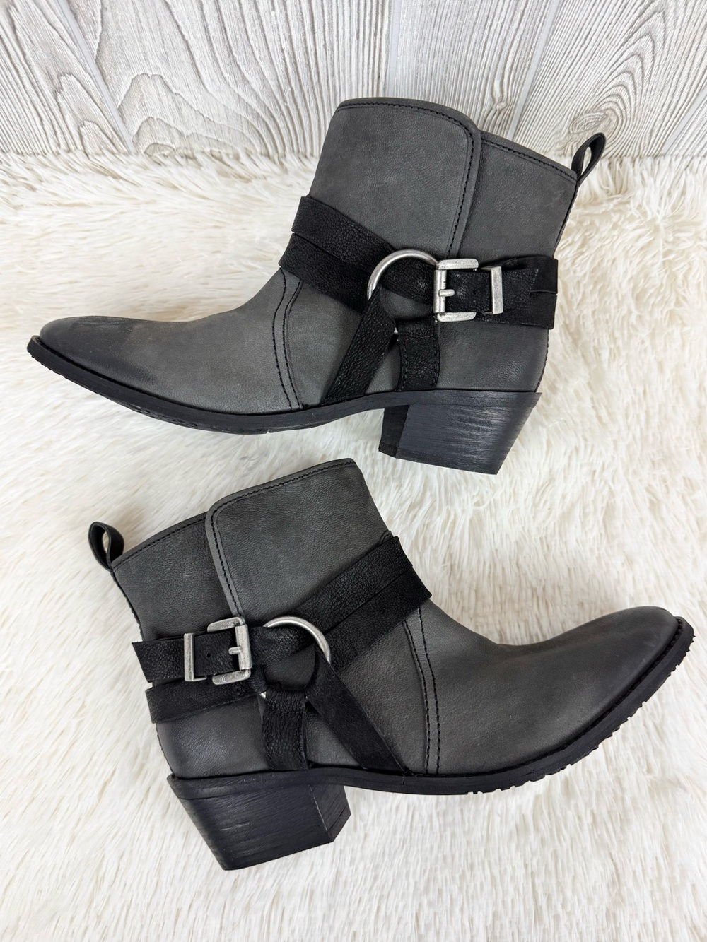 Sacha London Premium Leather Harness Ankle Boots 41 Gray Moto Western Booties 10